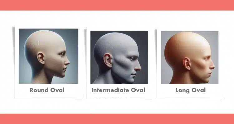 Head shapes for helmet sizing. Round oval, intermediate oval, and long oval.